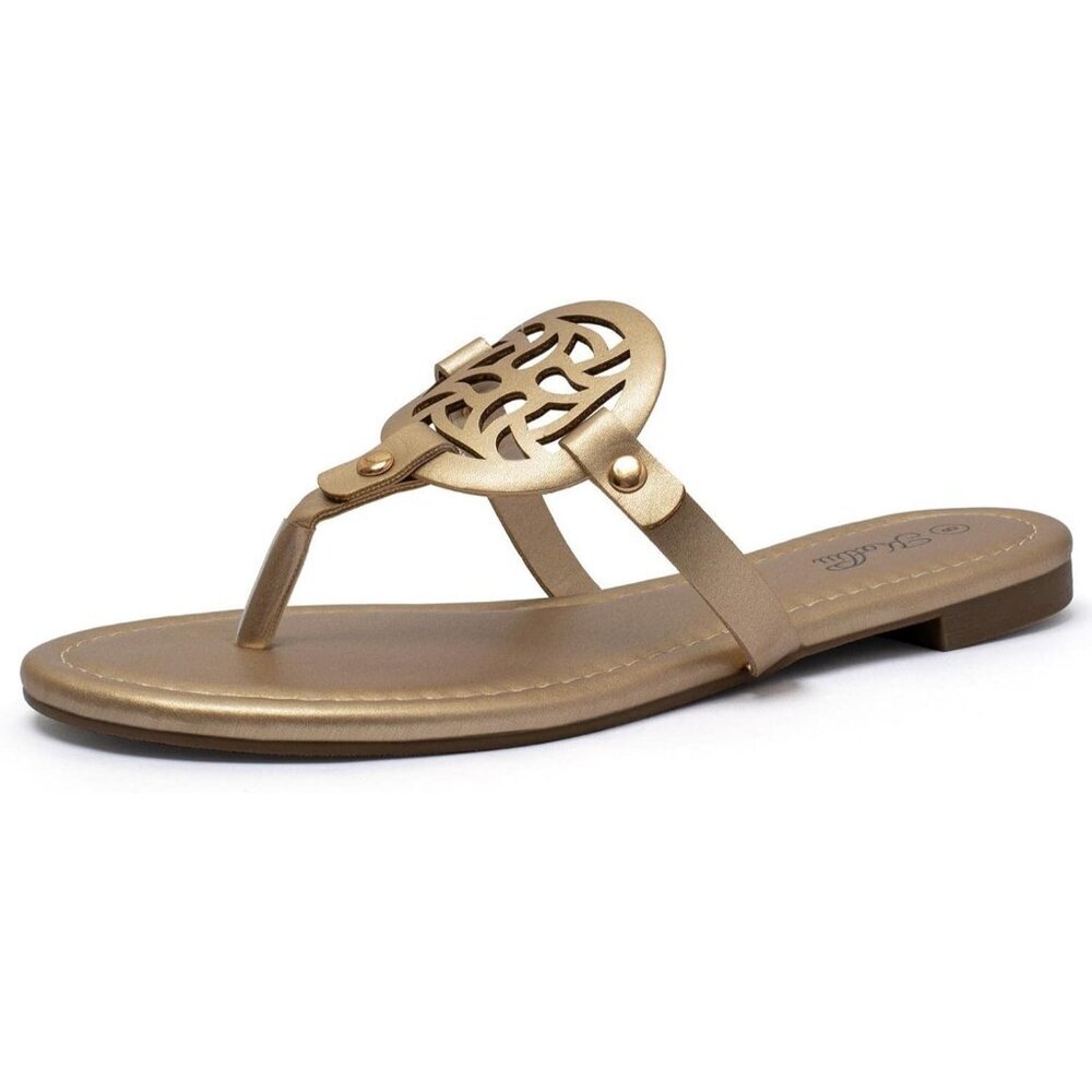 Women's Gold Flip Flop Comfortable Faux Leather Flat Sandals Shoes